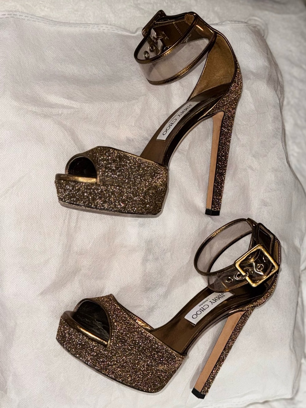 Jimmy Choo Gold Glitter Platform Ankle-Strap Heels - Picture 4 of 11